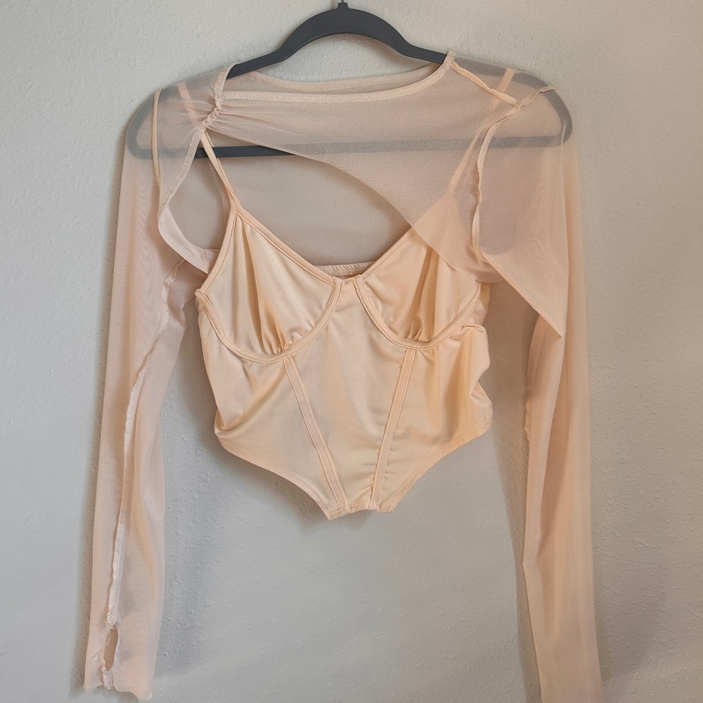 Beige two piece soft corset with mesh long sleeves